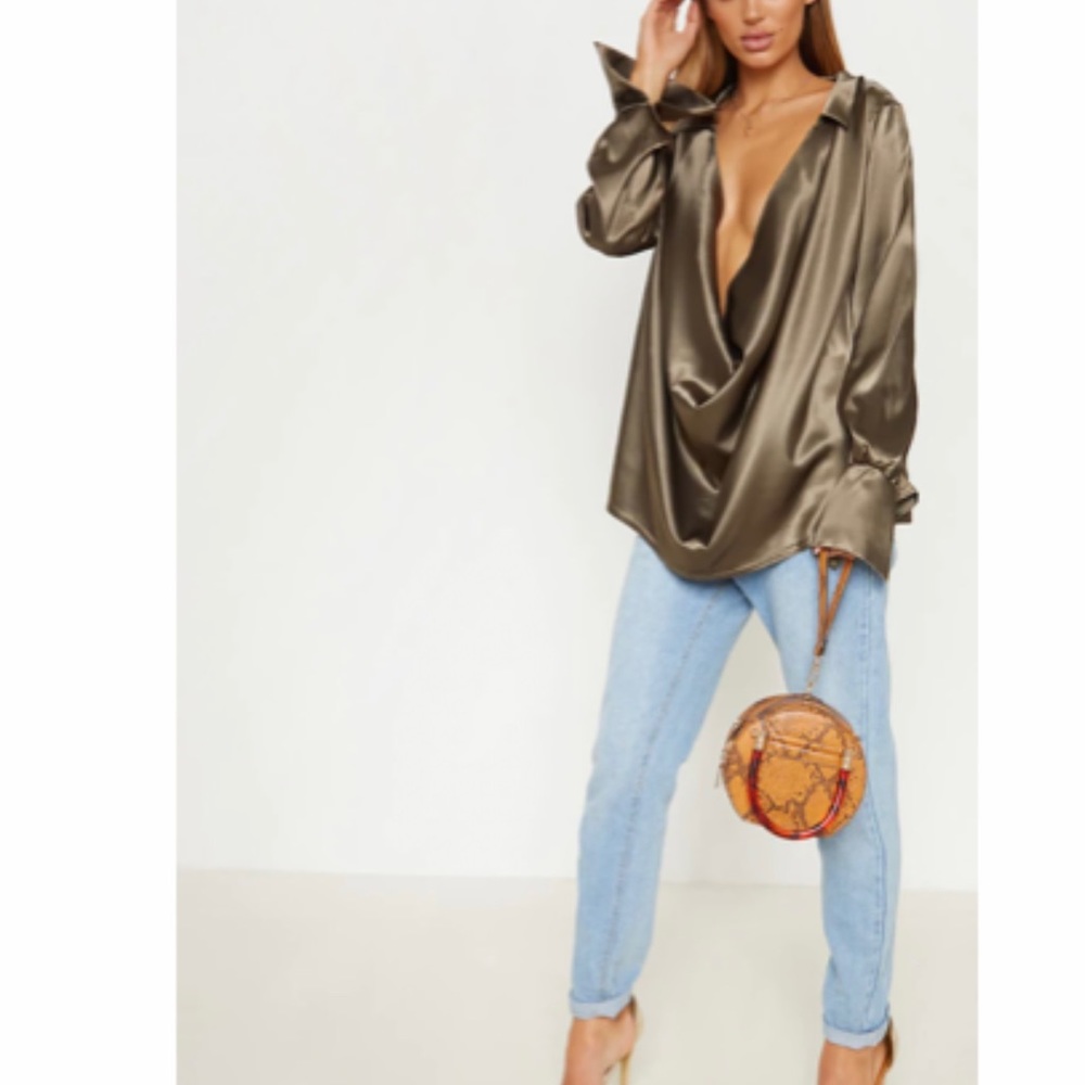Pretty little thing extreme cowl long line satin shirt